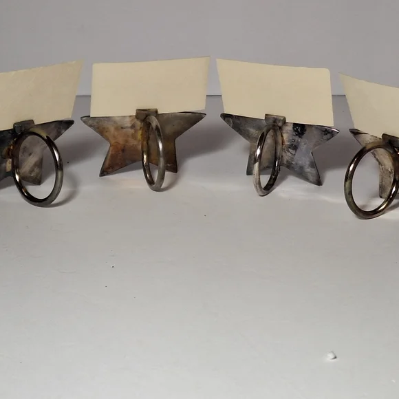 Pier One Star Napkin Rings 4 silver plate with 5 place card holders In box - Picture 10 of 12